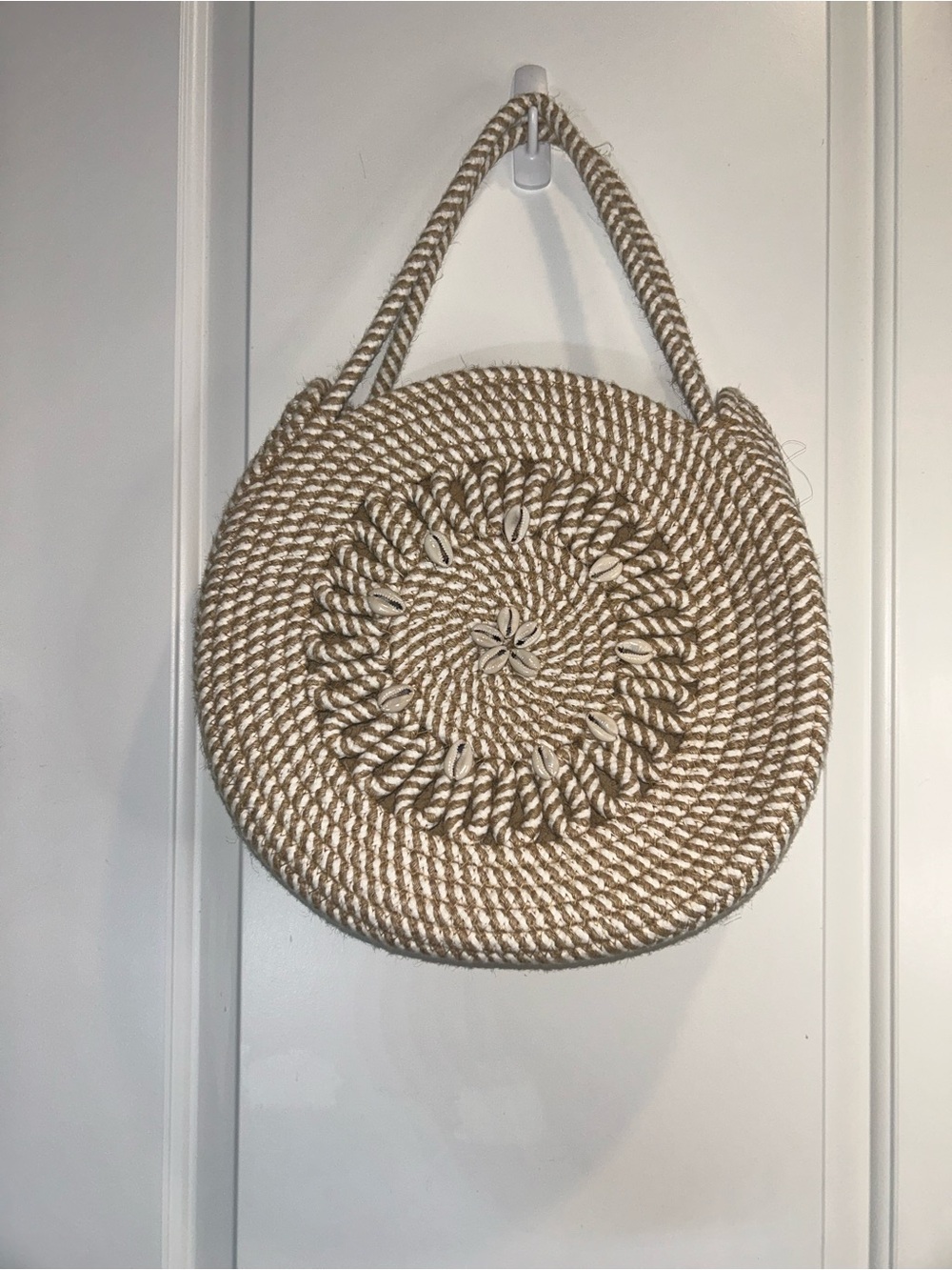 Round Braided Straw Tote Bag with Shell Accents - Natural